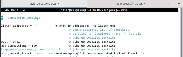 Configuración de escucha en postgresql.conf